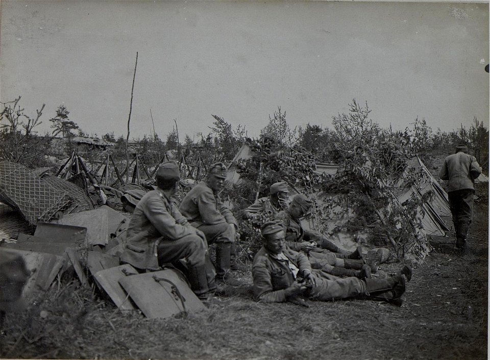 Maskierte Zeltunterkünfte beim Infanterieregiment 4, da der Sumpf ein Deckunggraben nicht gestattet (BildID 15443610)