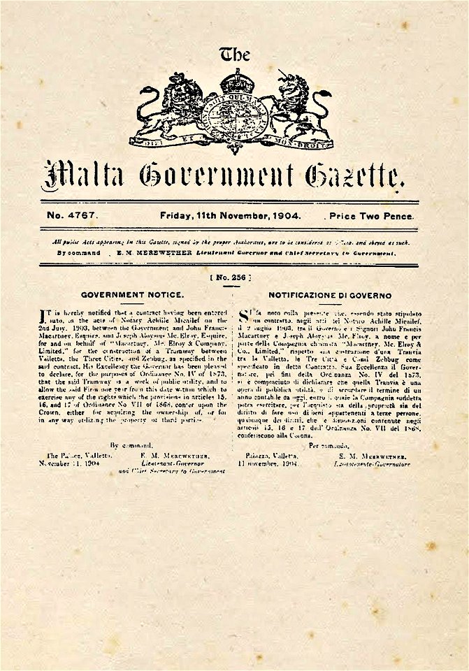 Malta Government Gazette 1904; construction of the tramway