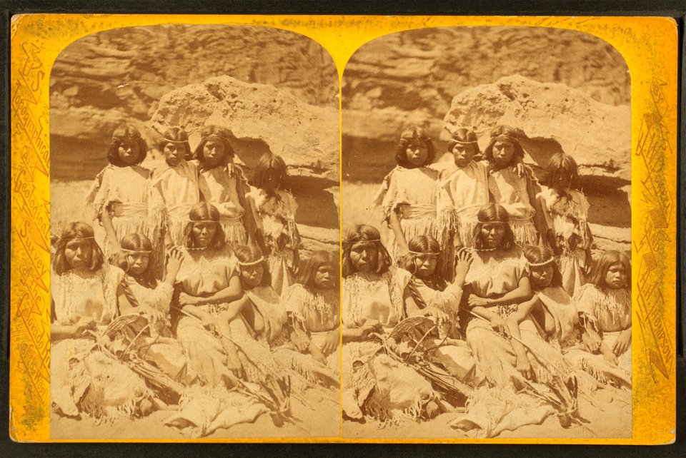 Kai-vav-its, a tribe of Pai Utes living on the Kai-bab Plateau near the Grand Cañon of the Colorado in Northern Arizona - group of women in full dress, by Hillers, John K., 1843-1925