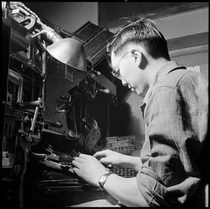 Heart Mountain Relocation Center, Heart Mountain, Wyoming. In the press room of the Cody Enterprise . . . - NARA - 539219