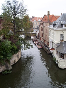 Aerial view over one of Bruges' canals in Belgium photo