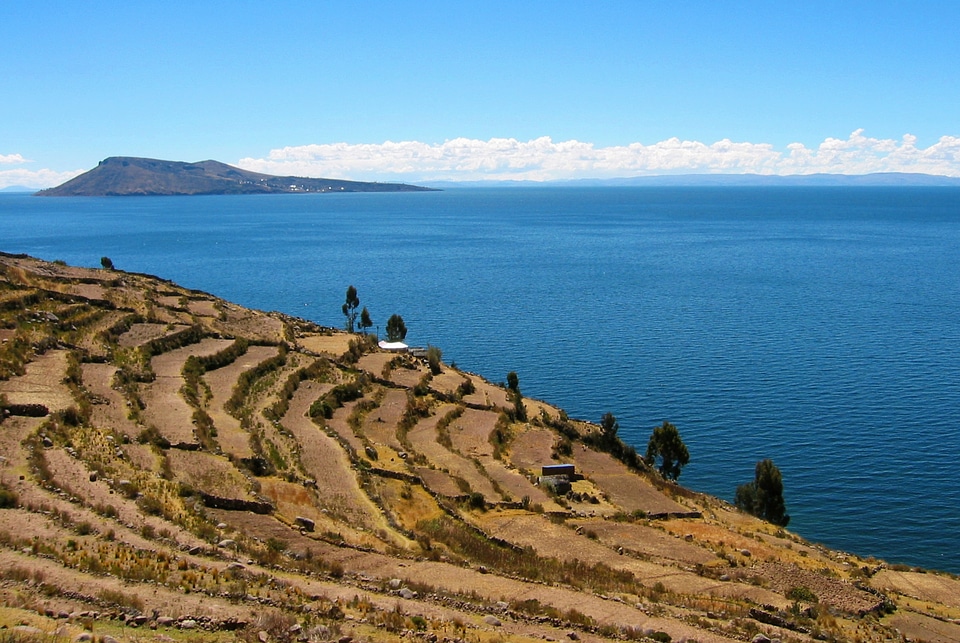 Farms landscape with ocean on an island