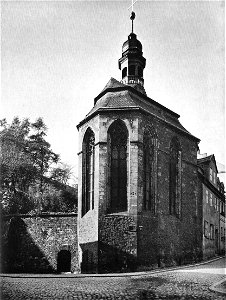 Magdeburg Die Magdalenenkapelle, hinter der der Hunnenturm stand (Links an der Futtermauer ist der Ansatz eines Schwibbogens zu erkennen, der zur Albrechtschen Mauer hinüberführte)