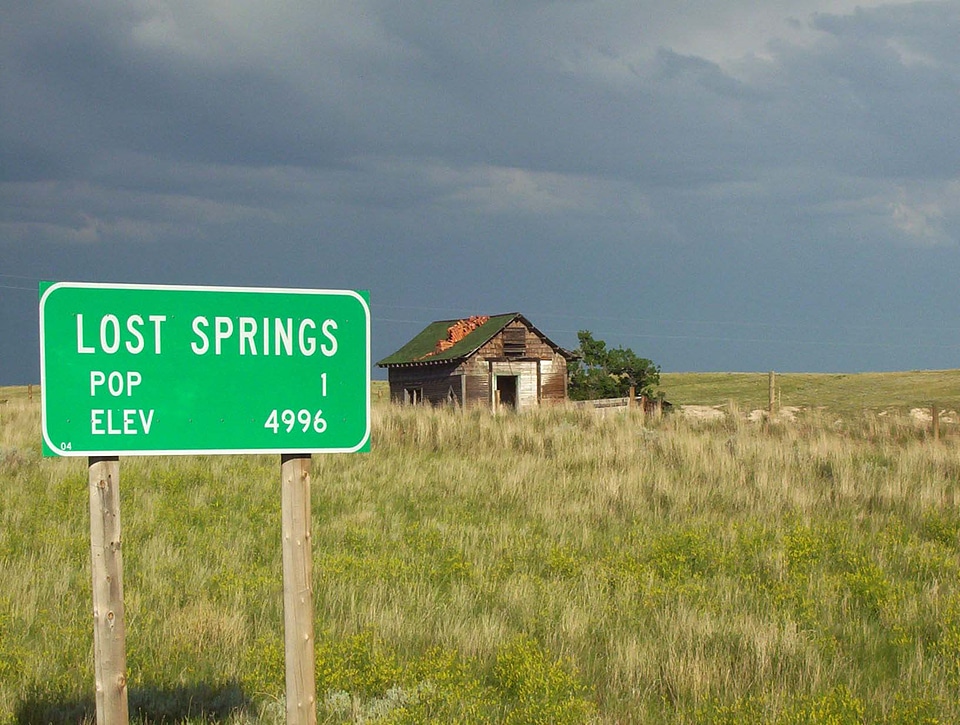 Road Sign in Lost Springs in Wyoming