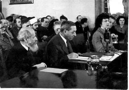 Magnes and Buber testifying before the Anglo-American Committee of Inquiry