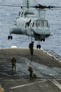Marines fast rope onto flight deck of USS Peleliu 121005-N-KR526-028