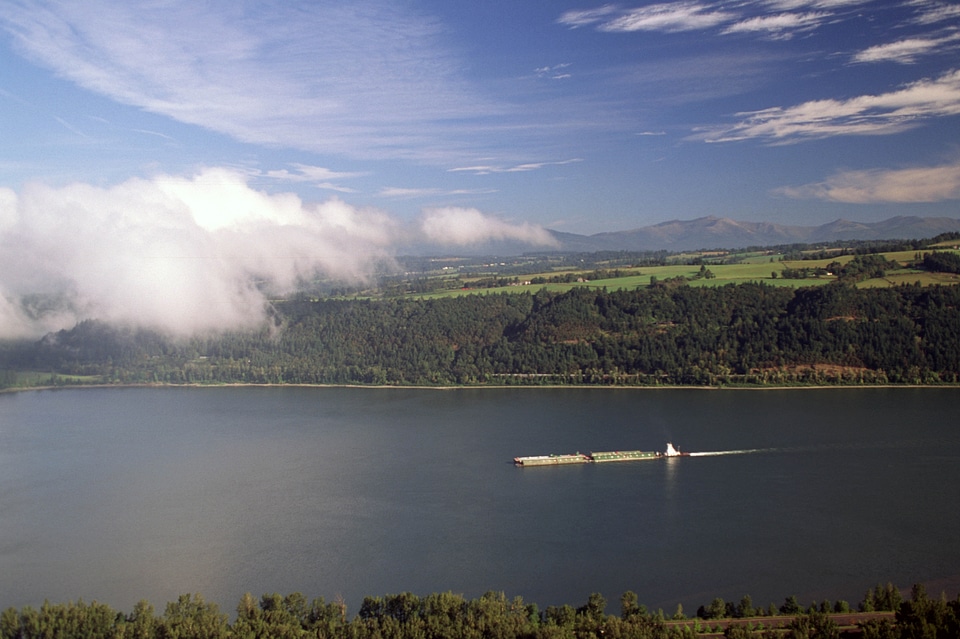 Tugboat on Columbia River Scenic landscape