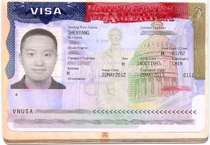 USA visa issued by Shenyang (2012)
