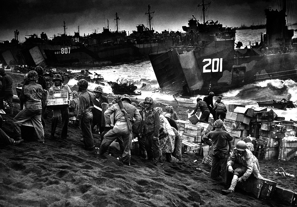 American Supply Ships unloading at Iwo Jima, World War II