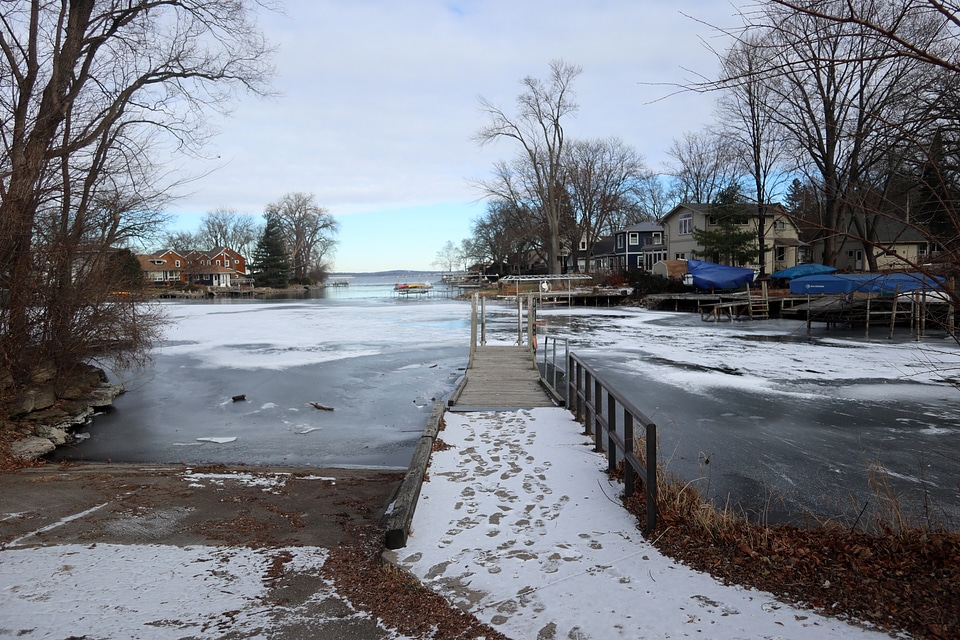 Frozen Harbor, dock, and snow in the winter