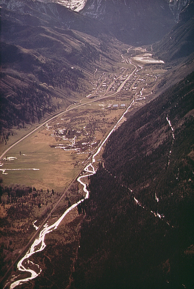 Aerial view of newly cut Boomerang Road in Telluride, Colorado photo