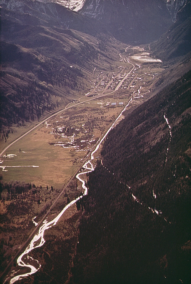 Aerial view of newly cut Boomerang Road in Telluride, Colorado