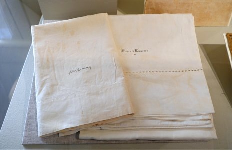 Pillow cases marked Ellen Emerson and Florence Emerson, Concord, mid 1800s, linen - Concord Museum - Concord, MA - DSC05865 photo