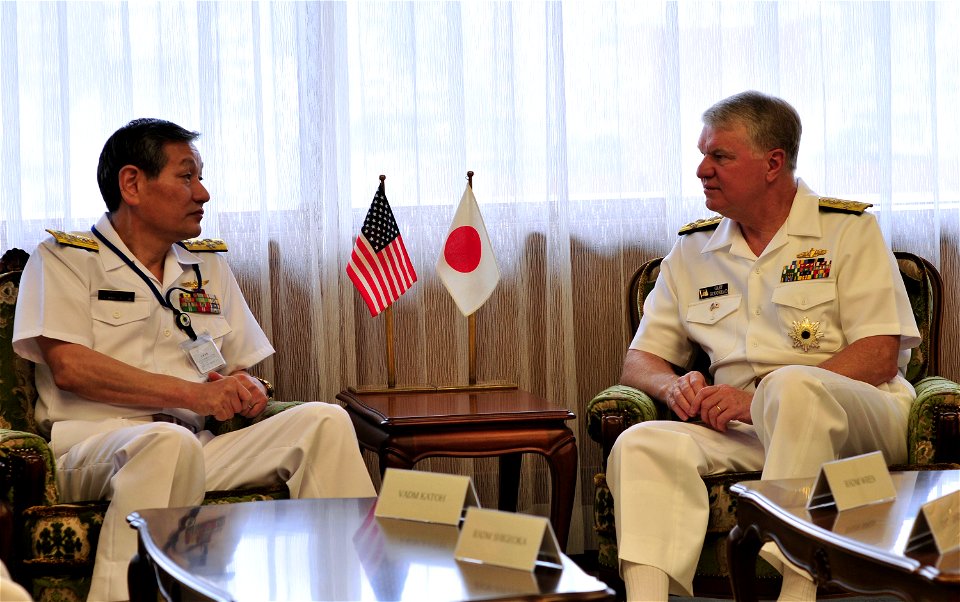 US Navy 090703-N-8273J-247 Chief of Naval Operations (CNO) Adm. Gary Roughead, right, meets with Japan Maritime Self-Defense Force Chief of Staff Adm. Keiji Akahoshi during a visit to Ichigaya in Tokyo