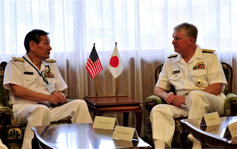 US Navy 090703-N-8273J-247 Chief of Naval Operations (CNO) Adm. Gary Roughead, right, meets with Japan Maritime Self-Defense Force Chief of Staff Adm. Keiji Akahoshi during a visit to Ichigaya in Tokyo