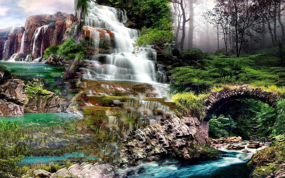 Scenic Waterfall cascading down in garden