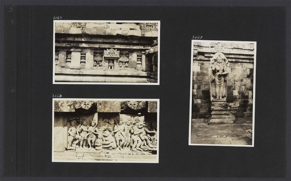 Albumblad met drie foto's van het Prambanan-complex bij Jogyakarta op Java, Bestanddeelnr 35 11
