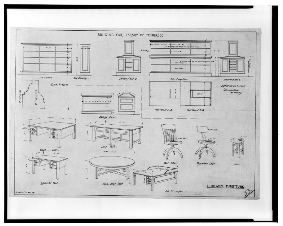 Miscellaneous fixtures, equipment, and finishes (furniture) and alterations to the Library of Congress, Washington, D.C. 53 - desks, tables, rolling cases, press LCCN2003662947