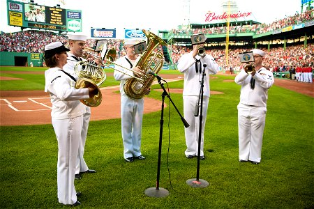 US Navy 090703-N-3271W-049 Musicians from the U.S. Navy Band Northeast Jazz ensemble perform the national anthem prior to a Boston Red Sox vs. Seattle Mariners game at Fenway Park