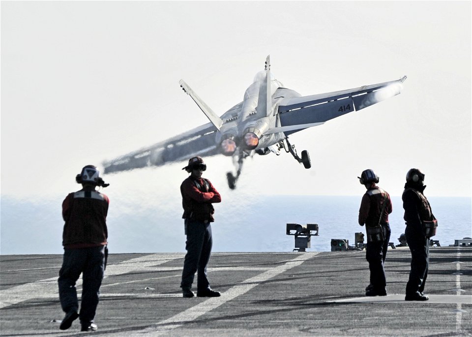 US Navy 101202-N-6003P-431 An F-A-18E Super Hornet launches from the aircraft carrier USS Harry S. Truman (CVN 75)