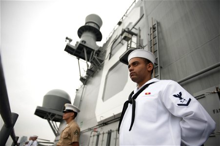 Manning the rails as USS America departs Rio De Janeiro 140809-N-FR671-043