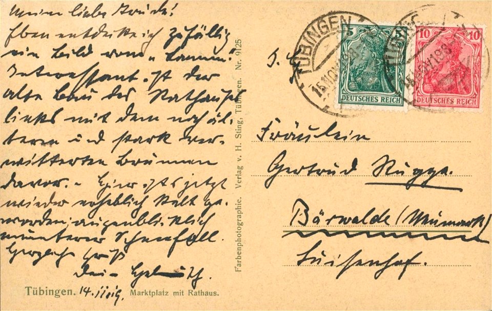 Marktplatz Tübingen mit Rathaus u Hotel Lamm (AK 9125 H Sting 1919) R