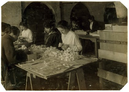 Mary Diamond, 15 years old (on right of photo) making roses at the Boston Floral Supply Co., 347-357 Cambridge Street. Said to be the only flower factory in Massachusetts. Makes 600 roses a LOC nclc.05164 photo