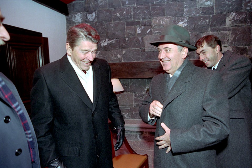President Ronald Reagan during his trip to Switzerland attending the Geneva Summit and meeting with General Secretary Mikhail Gorbachev