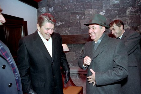 President Ronald Reagan during his trip to Switzerland attending the Geneva Summit and meeting with General Secretary Mikhail Gorbachev