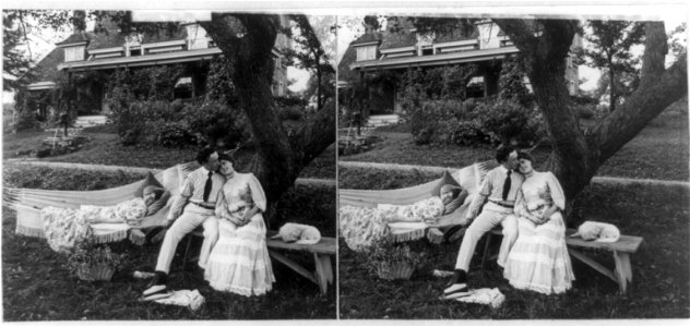 Man with arm around woman on bench and chaperone sleeping in hammock LCCN89710795 photo