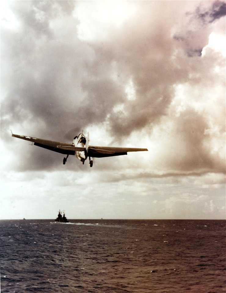 Grumman TBF-1 Avenger of VT-5 is launched from USS Yorktown (CV-10), circa in late 1943 (80-G-K-14769)