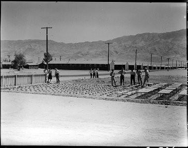 Manzanar Relocation Center, Manzanar, California. Doctor Robert Emerson, on the extreme right, visi . . . - NARA - 538020 photo