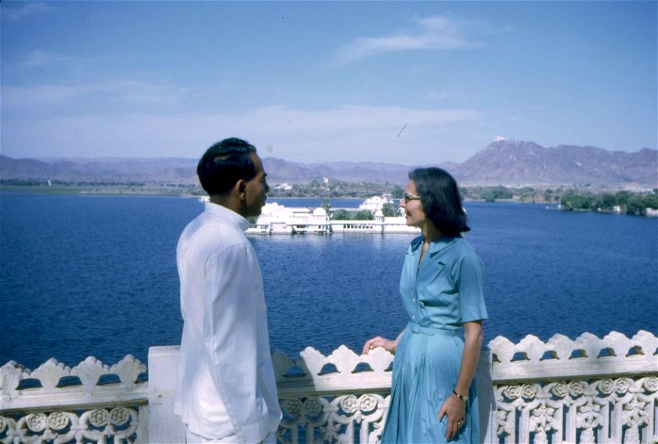 Maharana of Udaipur Bhagwat Singh and Kitty Galbraith at Lake Pichola in India