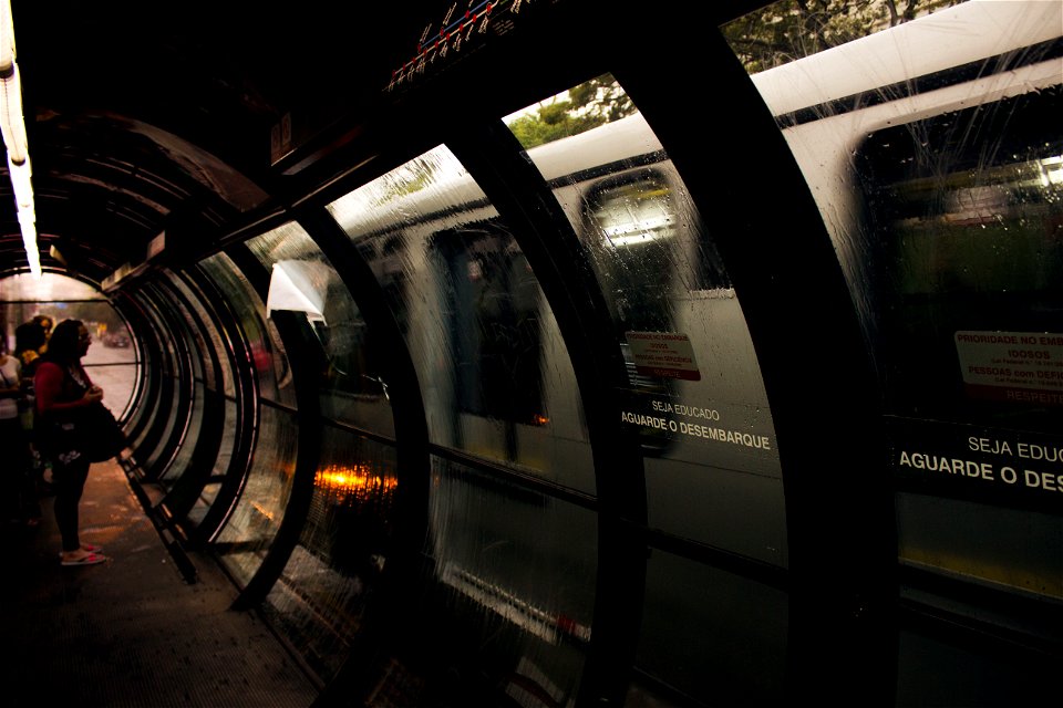 Woman Wearing Pink And Black Scoop-neck T-shirt And Black Pants Standing In Front Of Train In Train Station photo