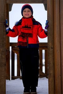 Red Outerwear Standing Boy photo