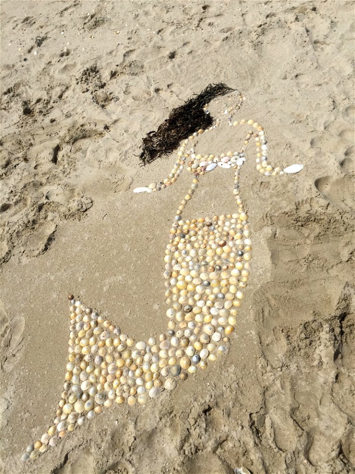 Beige Sea Clams Mermaid Figure On Seashore