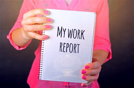 Woman In Pink Long-sleeved Shirt Holding White Book With My Work Report Text Print photo
