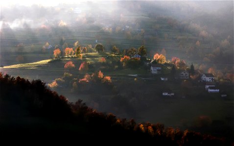 House On Green Hills With Trees Painting photo