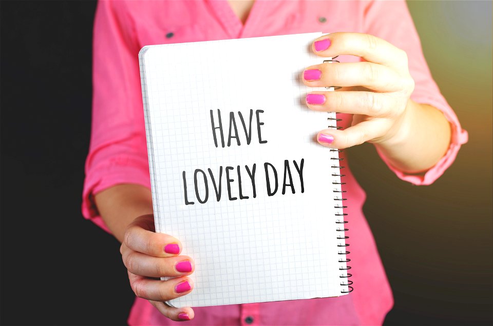 Woman Wearing Pink Dress Holding Graphing Notebook With Have A Lovely Day Sign photo