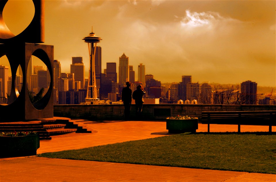 Man And Woman Looking At Space Needle Photo