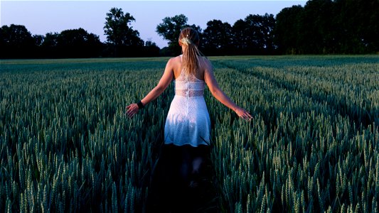 Woman In White Sleeveless Mini Dress Standing Between Grass Field photo