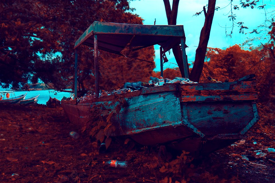 Rusty Brown And Gray Boat Near Trees And Body Of Water photo