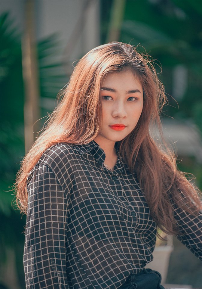 Woman Wearing Black And White Checked Dress Shirt Taken