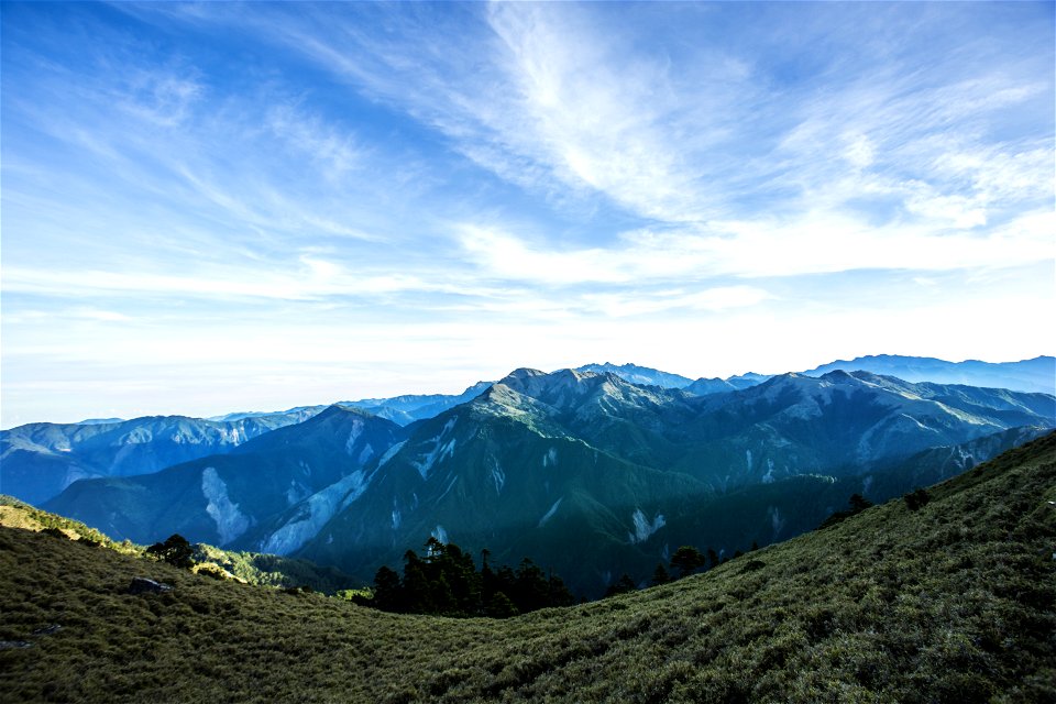 Landscape Photograph Of Mountains Under Blue Cloudy Sky photo