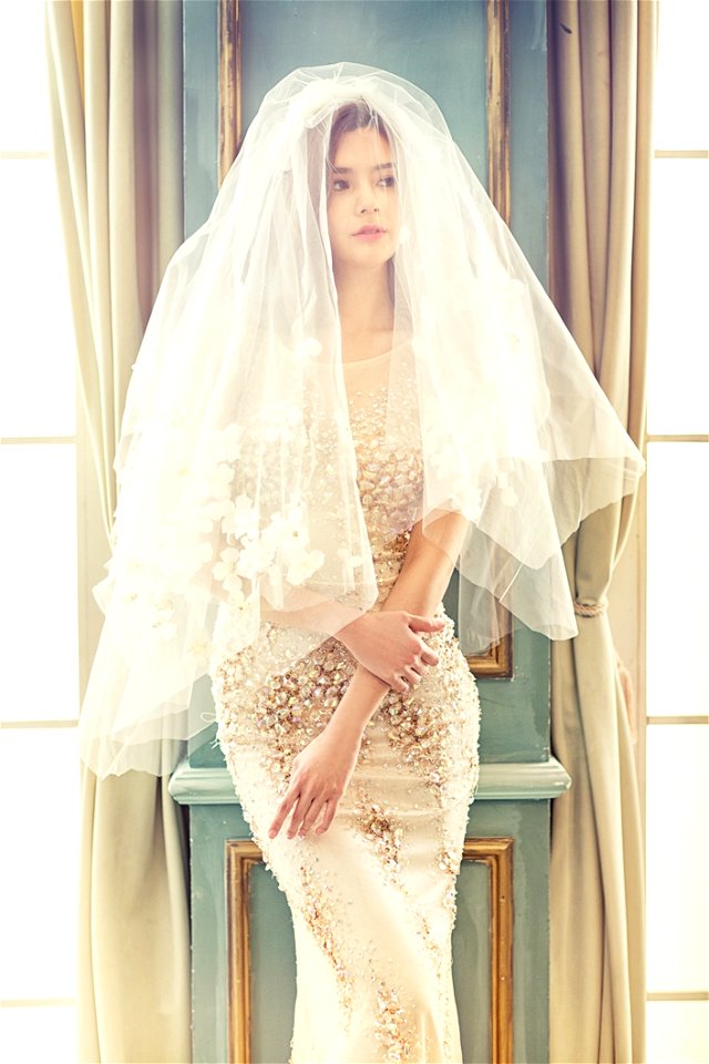 Woman In Brown Tank Bodycon Dress With White Veil Standing