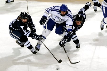 Mens In Blue And White Jersey Shirt Playing Hockey