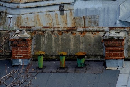 Old Chimneys on a Building Rooftop photo