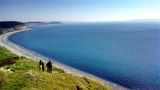 Whidbey Pratt Preserve Bluff Trail hikers overlooking water photo