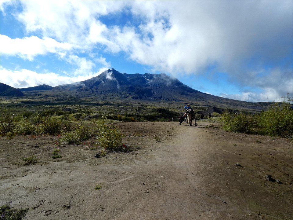 US Forest Service and US Geological Survey hydrologists hike down Truman Channel toward Coldwater Lake outflow to look at erosional geomorphology. Photo by Kurt Spicer USGS. Sept. 27 2019 photo