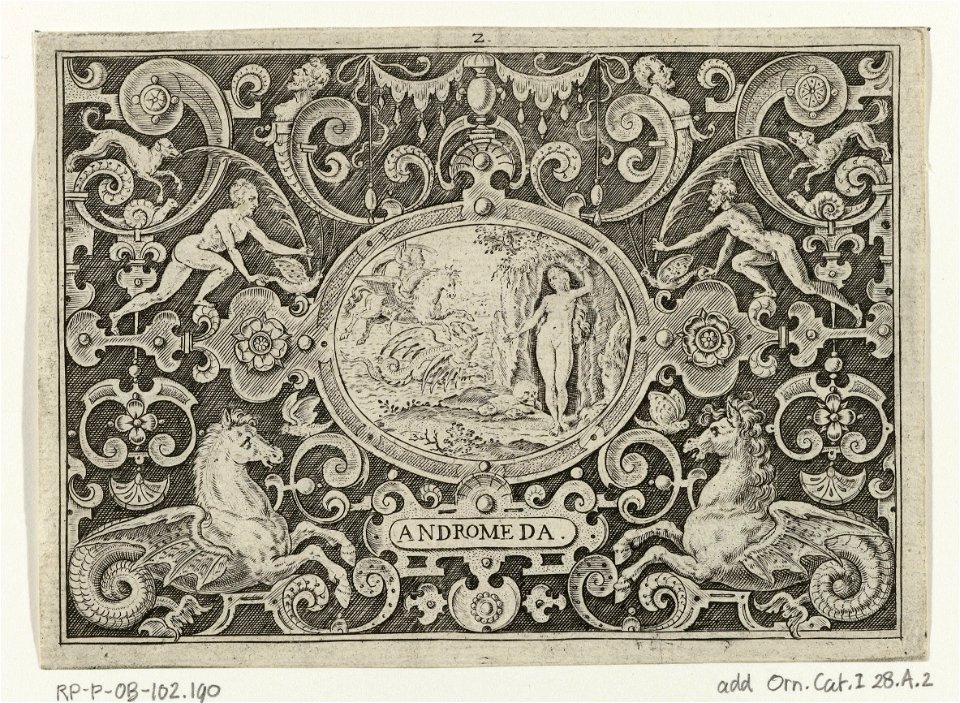 IdentificatieTitel(s): Perseus bevrijdt AndromedaANDROMEDA (titel op object)Cartouches met leven van Perseus in omlijsting van grotesken (serietitel)Objecttype: prent ornamentprent Serienummer: 2/6Obj